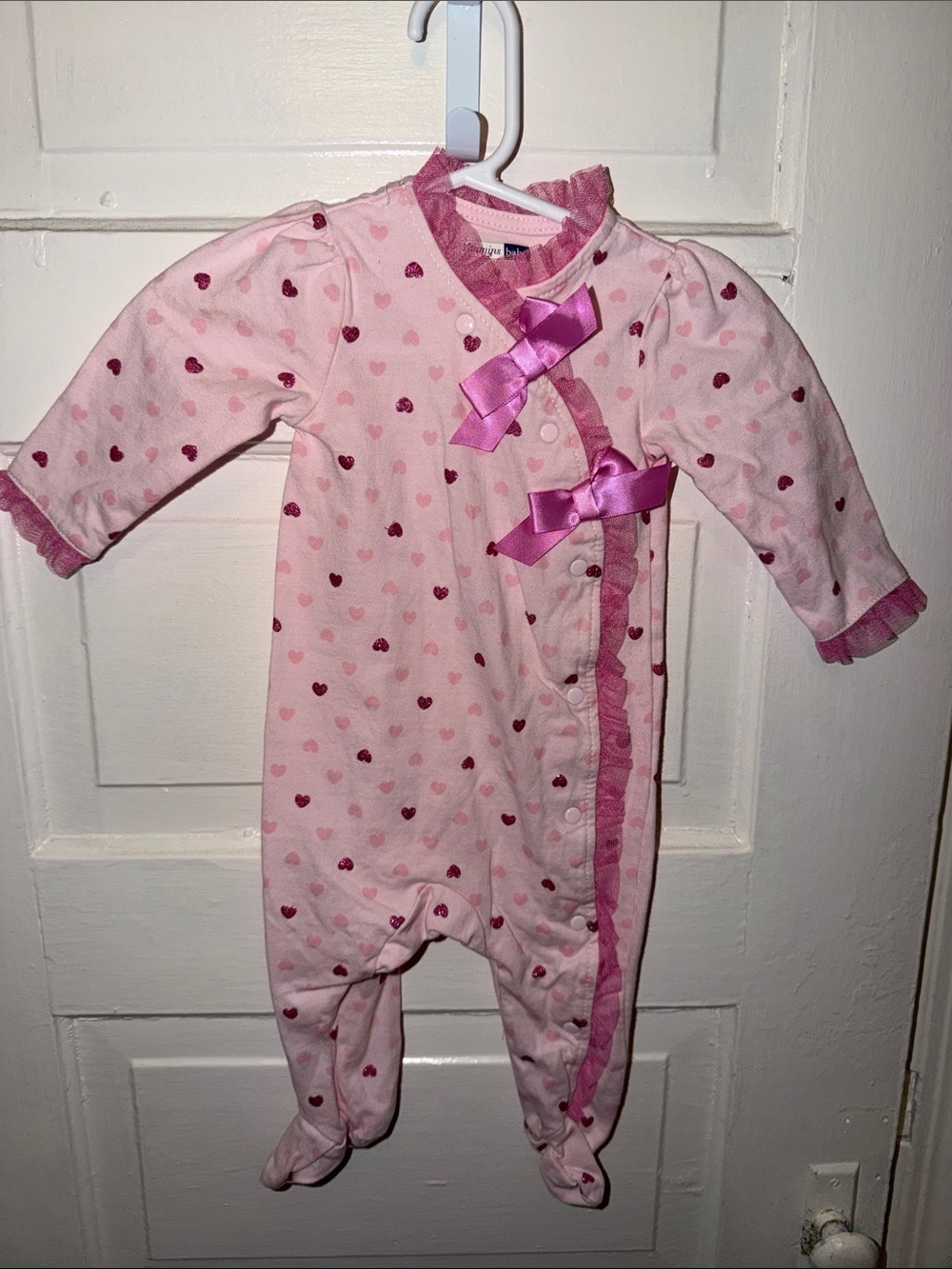 Vitamins Baby Pink Heart Footed One-Piece with Satin Bows